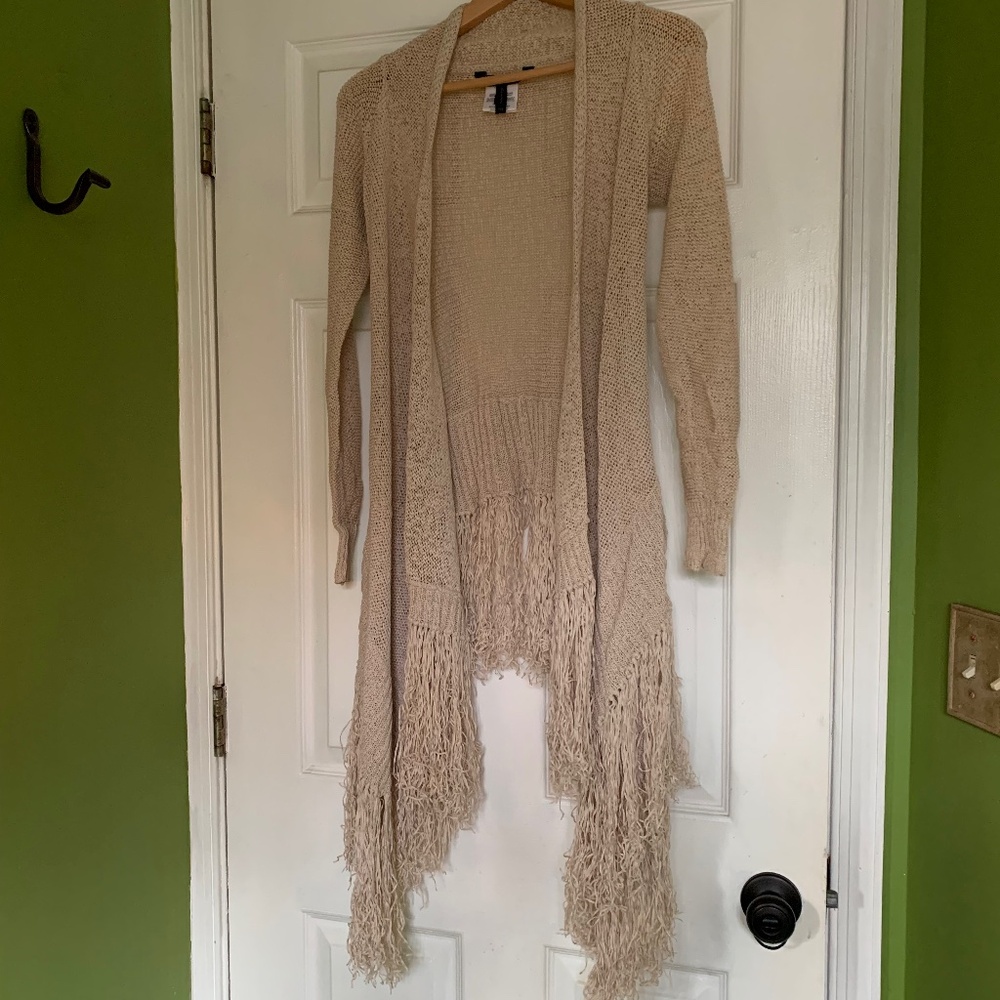 Tan Linen Blend Sweater with Fringe